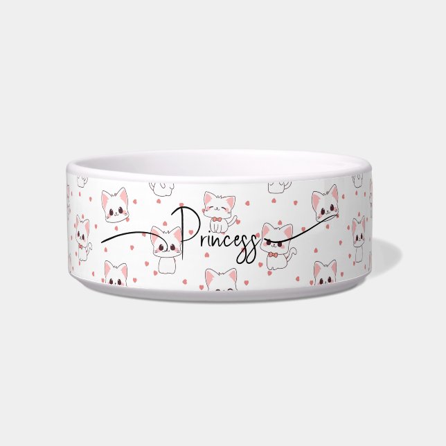 Pink Cartoon Cat Pattern with Stars and Pet Name  ボウル (正面)
