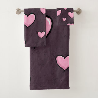 Pink Cartoon Hearts on Dark Grunge Texture バスタオルセット