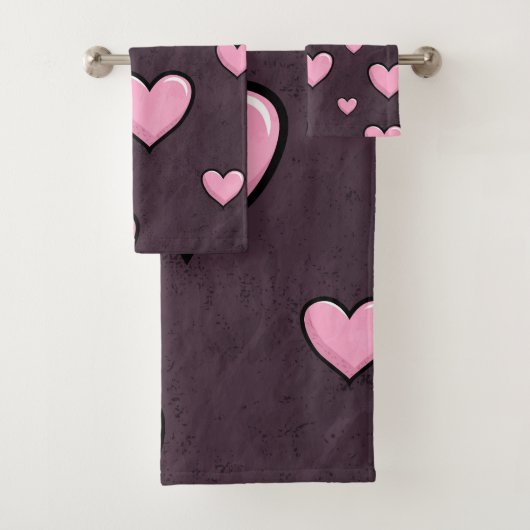 Pink Cartoon Hearts on Dark Grunge Texture バスタオルセット (インサイチュ)