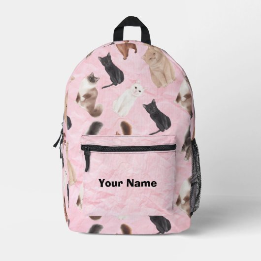 Pink Cat Backpack with Realistic Feline Breeds プリントバックパック (正面)