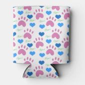 Pink Cat Paw Blue Hearts Meow Pattern 缶クーラー (正面)