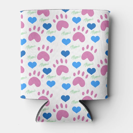 Pink Cat Paw Blue Hearts Meow Pattern 缶クーラー (正面)