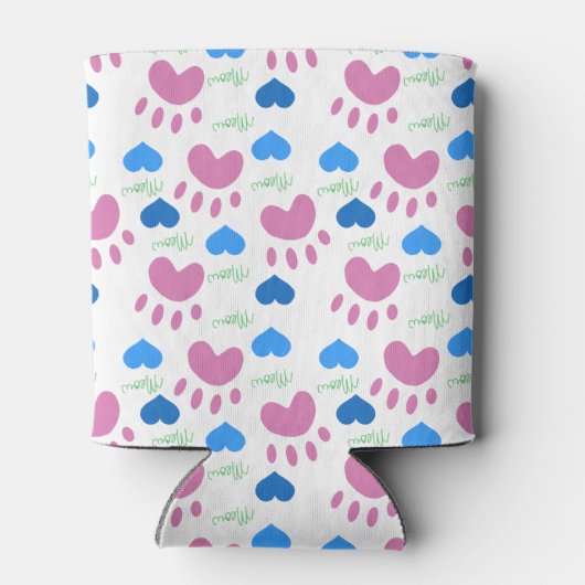 Pink Cat Paw Blue Hearts Meow Pattern 缶クーラー (裏面)