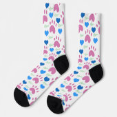 Pink Cat Paws Blue Hearts Green Meow Pattern ソックス (左)