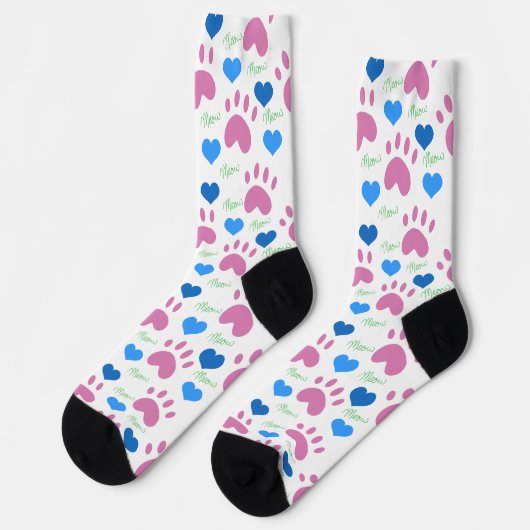 Pink Cat Paws Blue Hearts Green Meow Pattern ソックス (左)