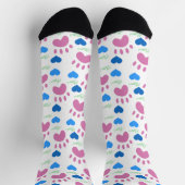 Pink Cat Paws Blue Hearts Green Meow Pattern ソックス (上部)