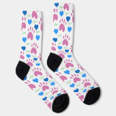 Pink Cat Paws Blue Hearts Green Meow Pattern ソックス (右)