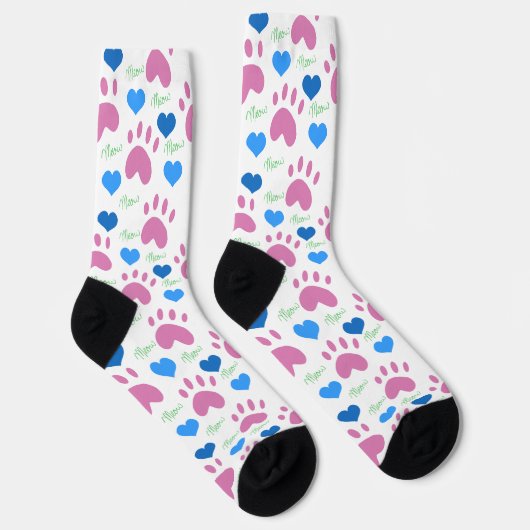 Pink Cat Paws Blue Hearts Green Meow Pattern ソックス (右)