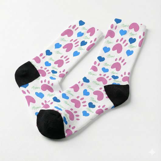Pink Cat Paws Blue Hearts Green Meow Pattern ソックス