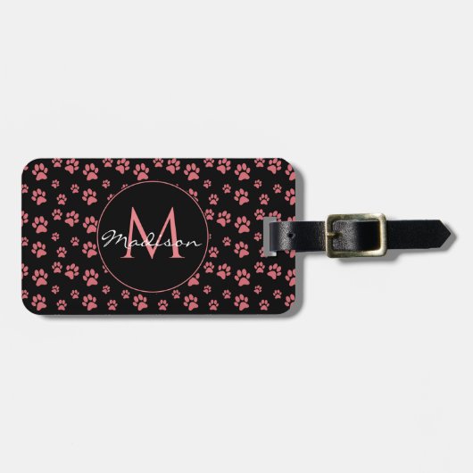 Pink Cat Paws Cute Pattern Monogram ラゲッジタグ (正面横)