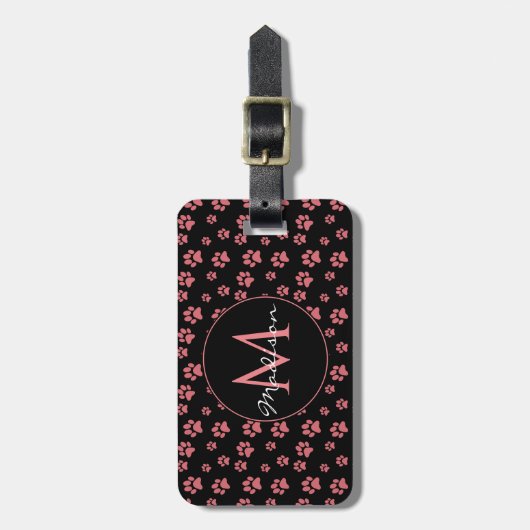 Pink Cat Paws Cute Pattern Monogram ラゲッジタグ (正面縦)