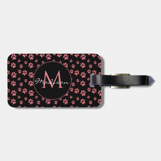 Pink Cat Paws Cute Pattern Monogram ラゲッジタグ (裏面横)