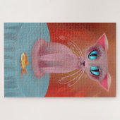 Pink Cat with a Goldfish on a Blue Table ジグソーパズル (横)