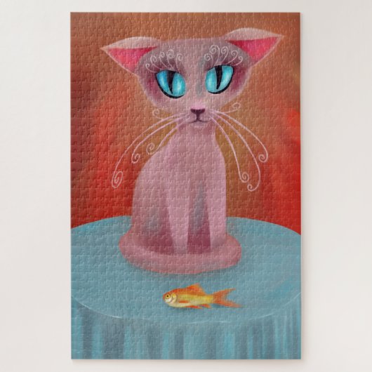 Pink Cat with a Goldfish on a Blue Table ジグソーパズル (縦)