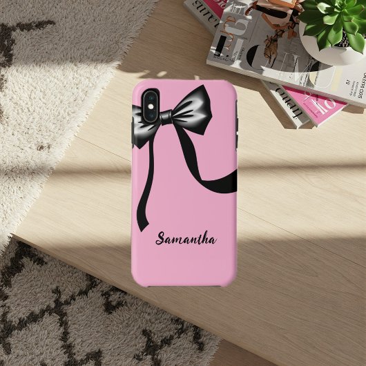 Pink Cell Phone Case with Black Bow and CustomName Case-Mate iPhoneケース