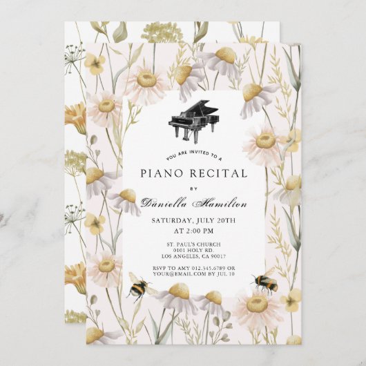 Pink Chamomiles & Bees Piano Recital 招待状 (正面/裏面)