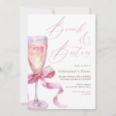 Pink Champagne Bow Brunch & Besties Galentine’s  招待状 (正面)