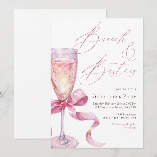 Pink Champagne Bow Brunch & Besties Galentine’s  招待状 (正面/裏面)