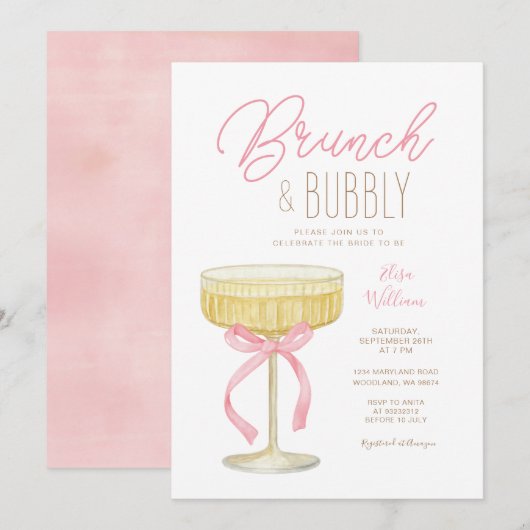 Pink Champagne Brunch & Bubbly Bridal Shower 招待状 (正面/裏面)