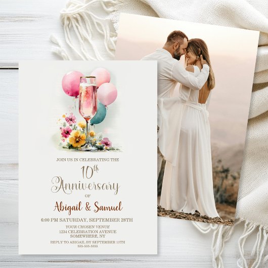 Pink Champagne Glass 10th Wedding Anniversary 招待状