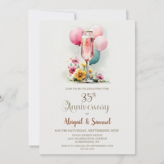 Pink Champagne Glass 35th Wedding Anniversary 招待状 (正面)