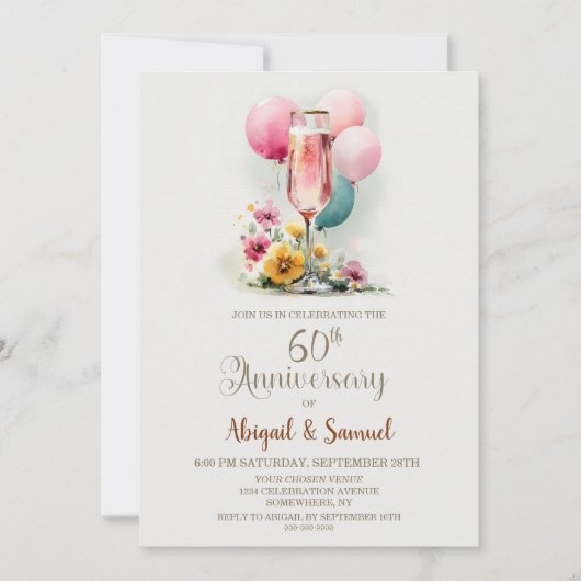 Pink Champagne Glass 60th Wedding Anniversary 招待状 (正面)