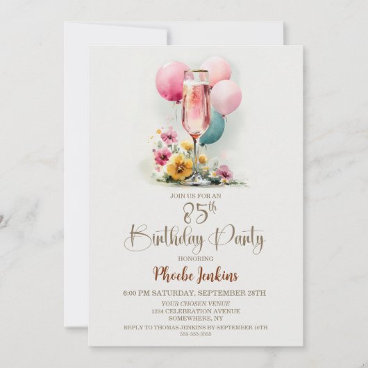 Pink Champagne Glass 85th Birthday Party 招待状 (正面)