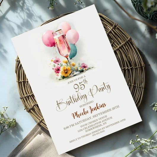 Pink Champagne Glass 95th Birthday Party 招待状