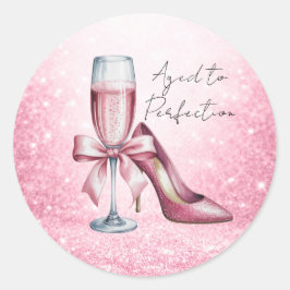 Pink Champagne Glass Aged To Perfection Birthday ラウンドシール