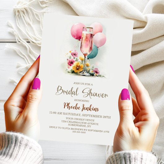 Pink Champagne Glass Bridal Shower 招待状