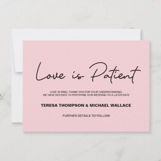 Pink change Plans Love Patient Wedding Postponed  招待状 (正面)