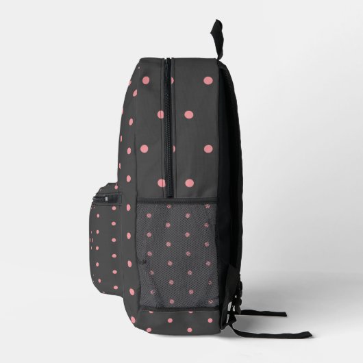 Pink & Charcoal Polka Dot Backpack – Modern Style プリントバックパック (右)