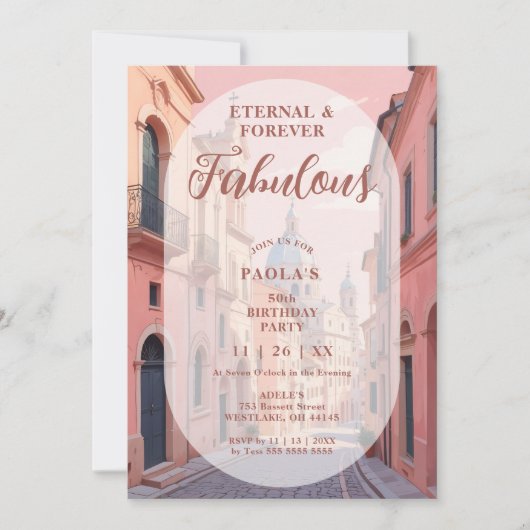 Pink Charming Ancient Cityscape Oval Translucent 招待状 (正面)