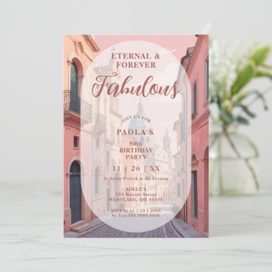 Pink Charming Ancient Cityscape Oval Translucent 招待状 (スタンド正面)