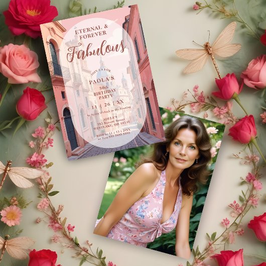 Pink Charming Ancient Cityscape Oval Translucent 招待状