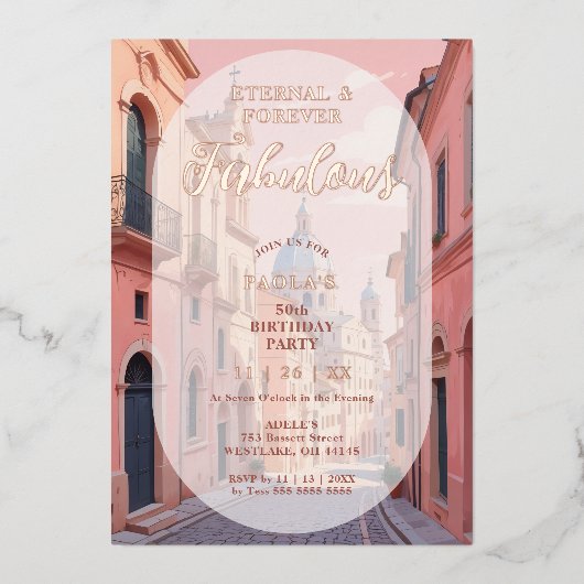 Pink Charming Ancient Cityscape Oval Translucent 箔招待状 (正面)