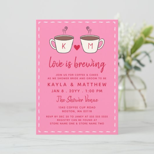 Pink Charming Coffee Cups Love Is Brewing Shower 招待状 (スタンド正面)