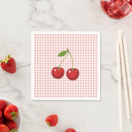 Pink Checked Paper Plates with Cherries スタンダードカクテルナプキン