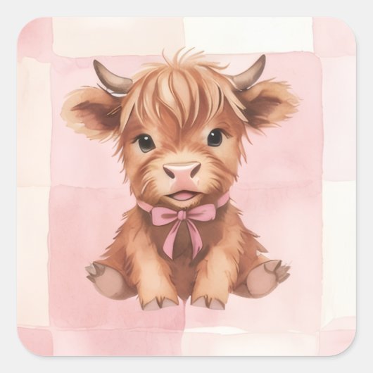 Pink Checkered Highland Cow Cute Gift Wrap スクエアシール (正面)
