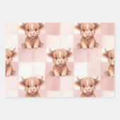 Pink Checkered Highland Cow Cute Gift Wrap ラッピングペーパーシート (正面2)