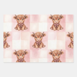 Pink Checkered Highland Cow Cute Gift Wrap ラッピングペーパーシート