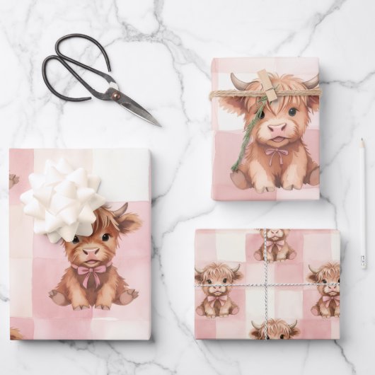 Pink Checkered Highland Cow Cute Gift Wrap ラッピングペーパーシート (正面)