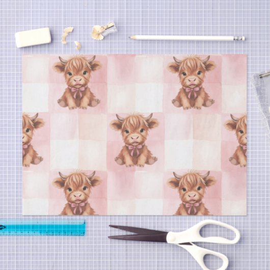 Pink Checkered Highland Cow Cute Gift Wrap 薄葉紙 (クラフト)