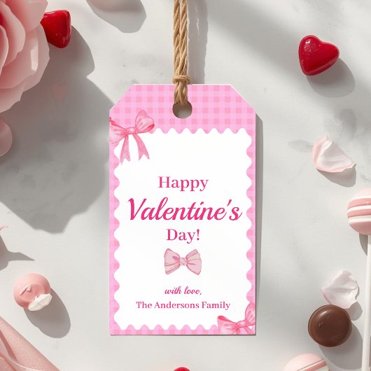 Pink Checkered Valentine Gift Tag Bow & Ribbon ギフトタグ