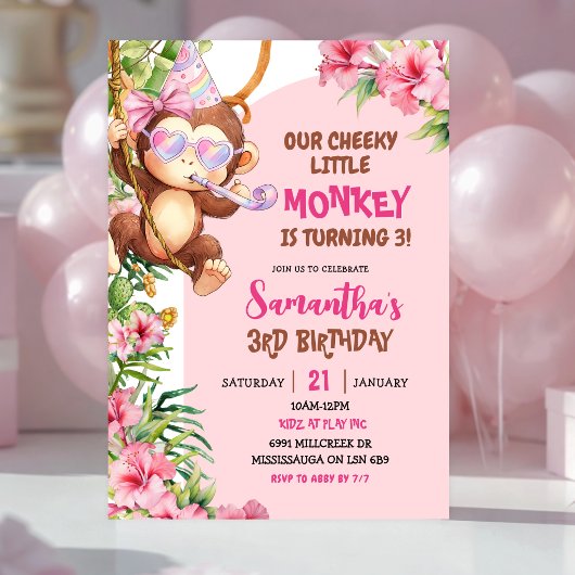 Pink Cheeky Little Monkey Savannah Theme Birthday 招待状