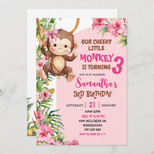 Pink Cheeky Little Monkey Savannah Theme Birthday 招待状 (正面/裏面)