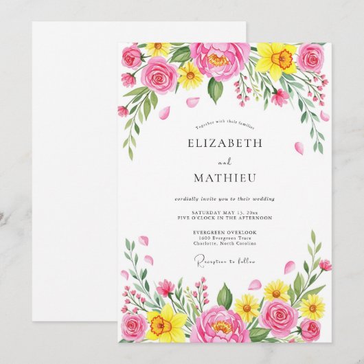 Pink Cheerful Spring Meadow Wedding 招待状 (正面/裏面)