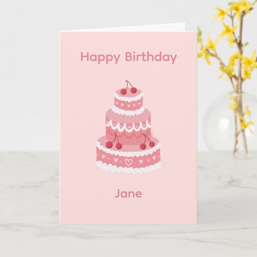 Pink Cherry Birthday Cake カード (黄色い花)