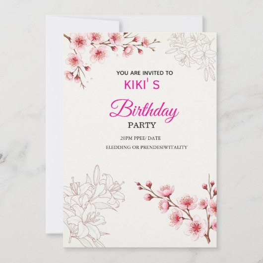 Pink Cherry Blossom Birthday Invitation | Watercol 招待状 (正面)