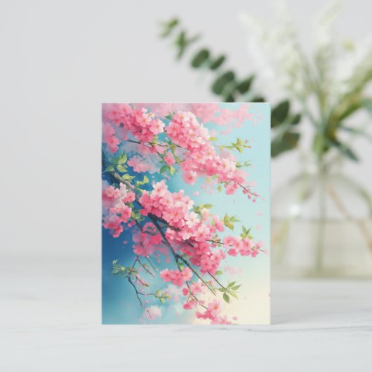 Pink Cherry Blossom Branches in Blue Sky ポストカード (スタンド正面)